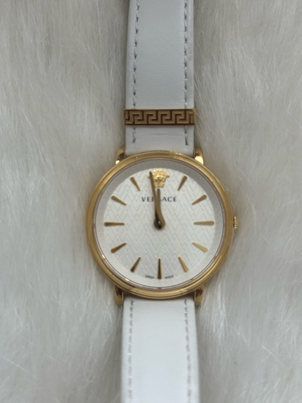 Authentic Versace White Leather Strap Watch with Gold-Tone Case